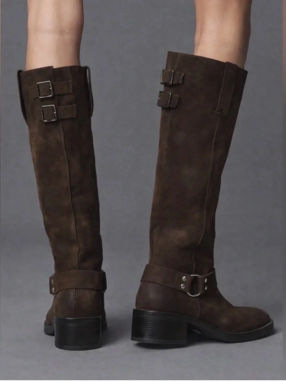 By Anthropologie Tall Moto Boots Brown Suede Knee-High Riding Boots NWOT